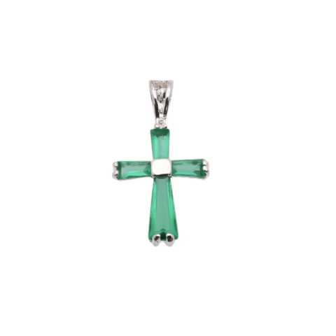 Sterling Silver Rhodium Plated May Birthstone Emerald CZ Cross Charm