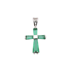 Sterling Silver Rhodium Plated May Birthstone Emerald CZ Cross Charm