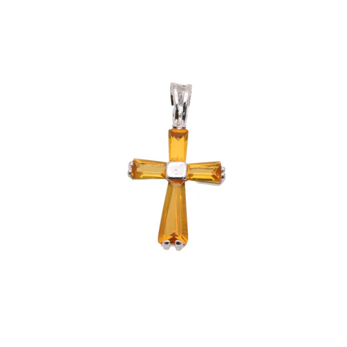 Sterling Silver Rhodium Plated November Birthstone Citrine CZ Cross Charm