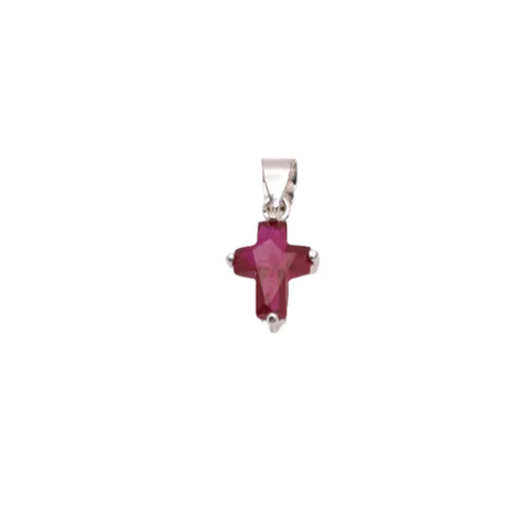 Sterling Silver Rhodium Plated July Birthstone Cross Ruby CZ Charm