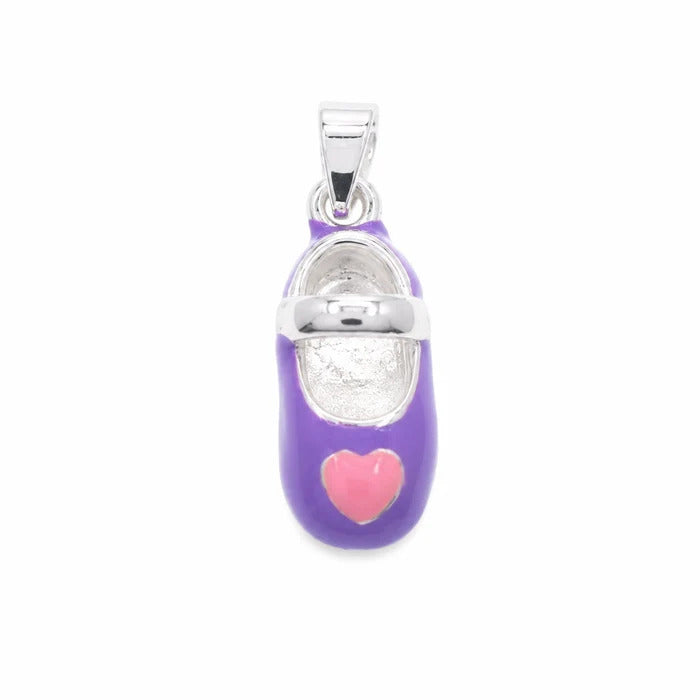 Sterling Silver Rhodium Plated Purple Enamel Heart Baby Shoe Charm
