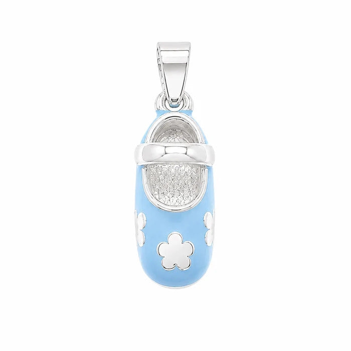 Sterling Silver Rhodium Plated Blue Colored Enamel Heart Baby Shoe Charm