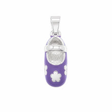 Load image into Gallery viewer, Sterling Silver Rhodium Plated Purple Colored Enamel Heart Baby Shoe Charm