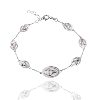 Sterling Silver High Polished Sacred Heart Jesus Medal Adjustable Bracelet