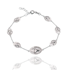 Sterling Silver High Polished Sacred Heart Jesus Medal Adjustable Bracelet