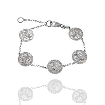Sterling Silver High Polished Saint Benedict Prayer Medal Adjustable Bracelet