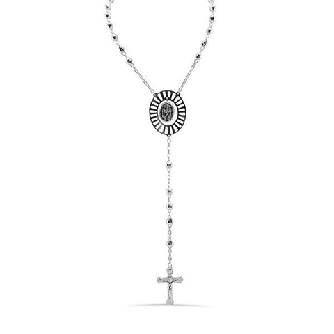 Sterling Silver High Polished Diamond Cut Beads Virgin Mary Cross Rosary Necklace