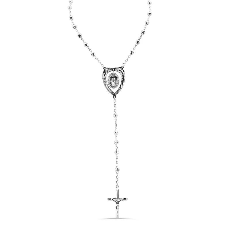 Sterling Silver High Polished Diamond Cut Beads Heart Virgin Mary Cross Rosary Necklace