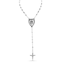 Load image into Gallery viewer, Sterling Silver High Polished Diamond Cut Beads Heart Virgin Mary Cross Rosary Necklace