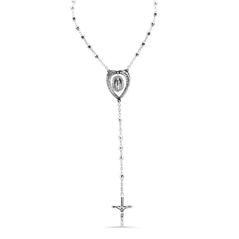 Sterling Silver High Polished Diamond Cut Beads Heart Virgin Mary Cross Rosary Necklace