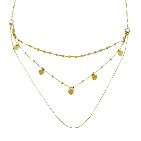 Sterling Silver Gold Plated Multi Chain Dangling Hearts Necklace