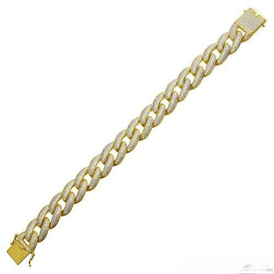 Sterling Silver Gold Plated CZ Encrusted Miami Cuban Link Hip Hop Bracelet Width-16mm