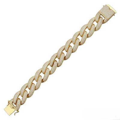 Sterling Silver Gold Plated CZ Encrusted Miami Cuban Link Hip Hop Bracelet Width-20.3mm