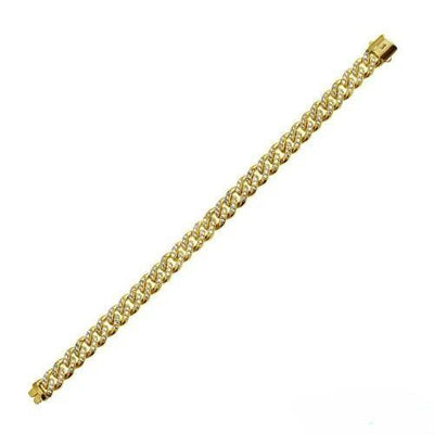 Sterling Silver Gold Plated CZ Encrusted Miami Cuban Link Plain Lock Hip Hop Bracelet Width-9mm