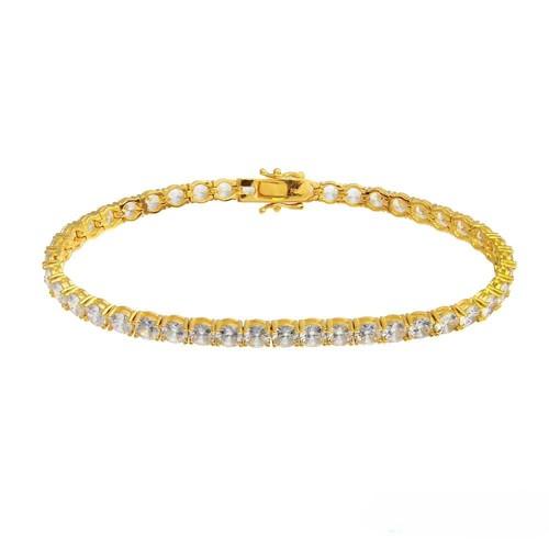 Sterling Silver Gold Plated Round Tennis CZ Hip Hop Bracelet Width-5mm