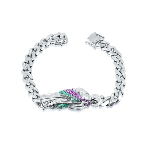 Sterling Silver Rhodium Plated St. Jude Red And Green CZ Cuban Bracelet