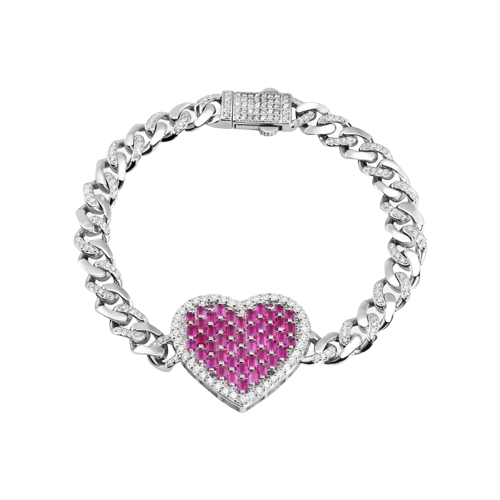 Sterling Silver 6.4MM Heart Baguette Pink and Round Clear CZ Studded Bracelet-Length 7"