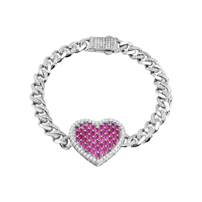 Sterling Silver 6.4MM Heart Baguette Pink and Round Clear CZ Studded Bracelet-Length 7