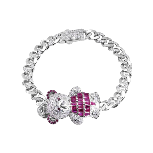 Sterling Silver Teddy Bear Cross Baguette Pink and Round Clear CZ Studded Bracelet