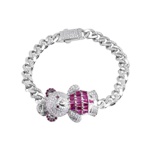 Load image into Gallery viewer, Sterling Silver Teddy Bear Cross Baguette Pink and Round Clear CZ Studded Bracelet