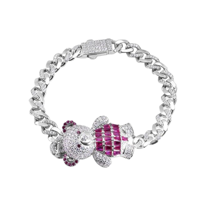 Sterling Silver Teddy Bear Cross Baguette Pink and Round Clear CZ Studded Bracelet