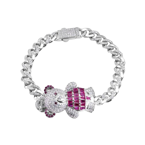 Sterling Silver Teddy Bear Cross Baguette Pink and Round Clear CZ Studded Bracelet