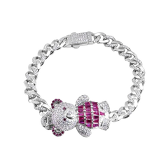 Sterling Silver Teddy Bear Cross Baguette Pink and Round Clear CZ Studded Bracelet