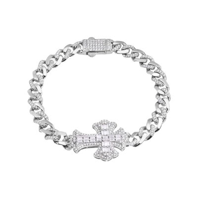 Sterling Silver Fleur De Lis Cross Baguette and Round Clear CZ Studded Bracelet