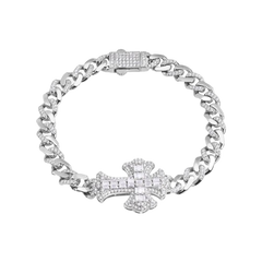 Sterling Silver Fleur De Lis Cross Baguette and Round Clear CZ Studded Bracelet