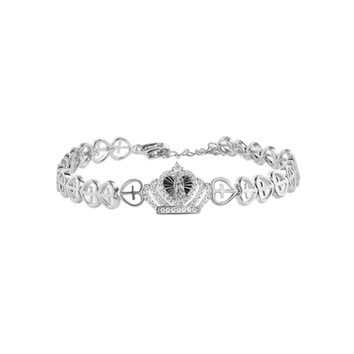 Sterling Silver Rhodium Plated Crown Our Lady of Guadalupe Diamond Cut Heart Cross Chain Adjustable Bracelet