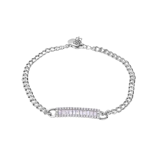 Sterling Silver Rhodium Plated Curb Baguette Clear CZ Adjustable Bracelet