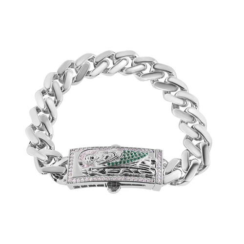 Sterling Silver Rhodium Plated Rectangle St Jude Cuban Clear CZ Bracelet