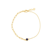 Load image into Gallery viewer, Sterling Silver Gold Plated Half Paperclip And Half Rolo Round Sapphire Blue CZ Adjustable Bracelet