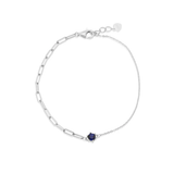 Sterling Silver Rhodium Plated Half Paperclip And Half Rolo Round Sapphire Blue CZ Adjustable Bracelet