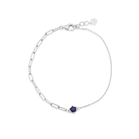 Sterling Silver Rhodium Plated Half Paperclip And Half Rolo Round Sapphire Blue CZ Adjustable Bracelet