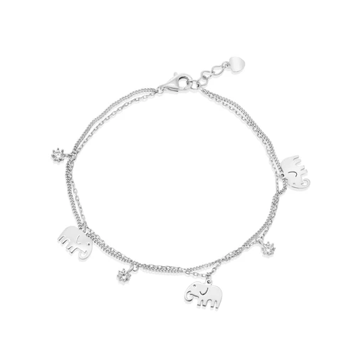 Sterling Silver Rhodium Plated Elephant And Clear CZ Charms Adjustable Bracelet