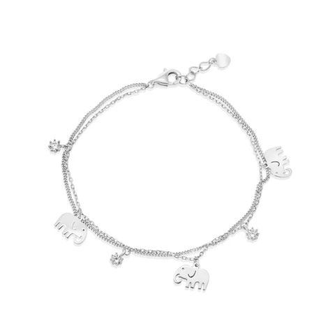 Sterling Silver Rhodium Plated Elephant And Clear CZ Charms Adjustable Bracelet