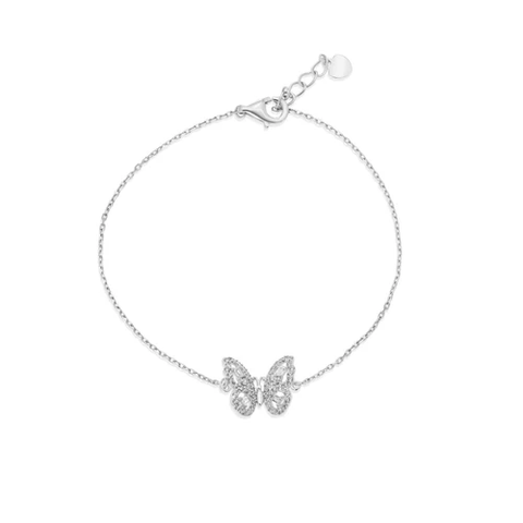 Sterling Silver Rhodium Plated Butterfly Baguette Clear CZ Adjustable Bracelet