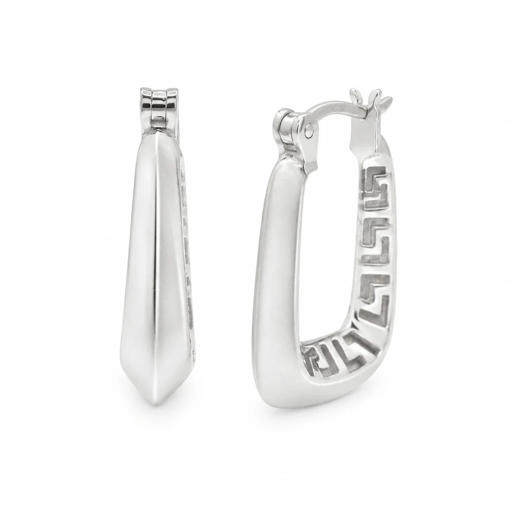 Sterling Silver Rhodium Plated Geometric Greek Key Latch Back Earrings