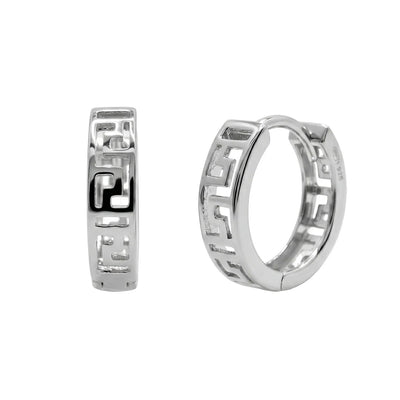 Sterling Silver Rhodium Plated Greek Key Cutout Hoop Earrings