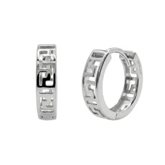 Sterling Silver Rhodium Plated Greek Key Cutout Hoop Earrings