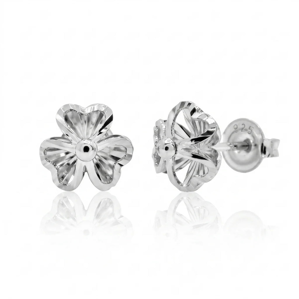 Sterling Silver Rhodium Plated Diamond Cut Clover Stud Earrings