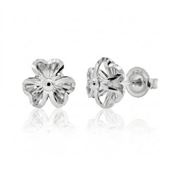 Sterling Silver Rhodium Plated Diamond Cut Clover Stud Earrings