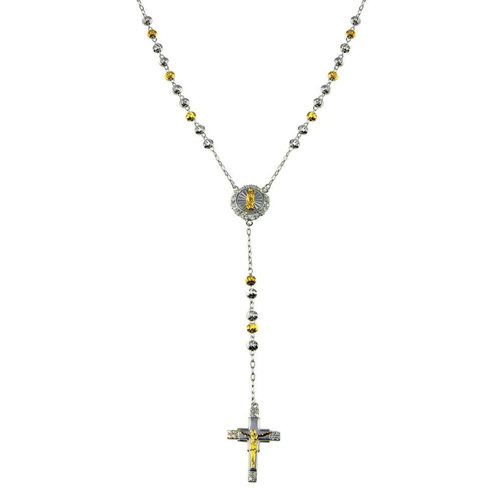 Sterling Silver Two Tone Plated CZ Diamond Cut Beaded Cross Rosary Necklace