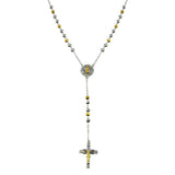 Sterling Silver Two Tone Plated CZ Diamond Cut Beaded Cross Rosary Necklace