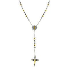 Sterling Silver Two Tone Plated CZ Diamond Cut Beaded Cross Rosary Necklace