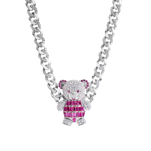 Sterling Silver Teddy Bear Baguette Pink and Clear CZ Encrusted Miami Cuban Link Chain