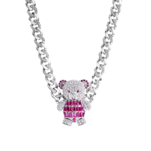 Load image into Gallery viewer, Sterling Silver Teddy Bear Baguette Pink and Clear CZ Encrusted Miami Cuban Link Chain