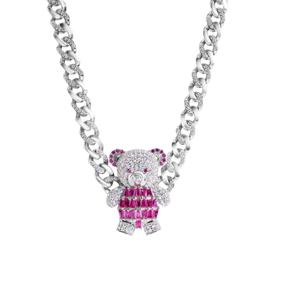 Sterling Silver Teddy Bear Baguette Pink and Clear CZ Encrusted Miami Cuban Link Chain