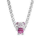 Sterling Silver Teddy Bear Baguette Pink and Clear CZ Encrusted Miami Cuban Link Chain